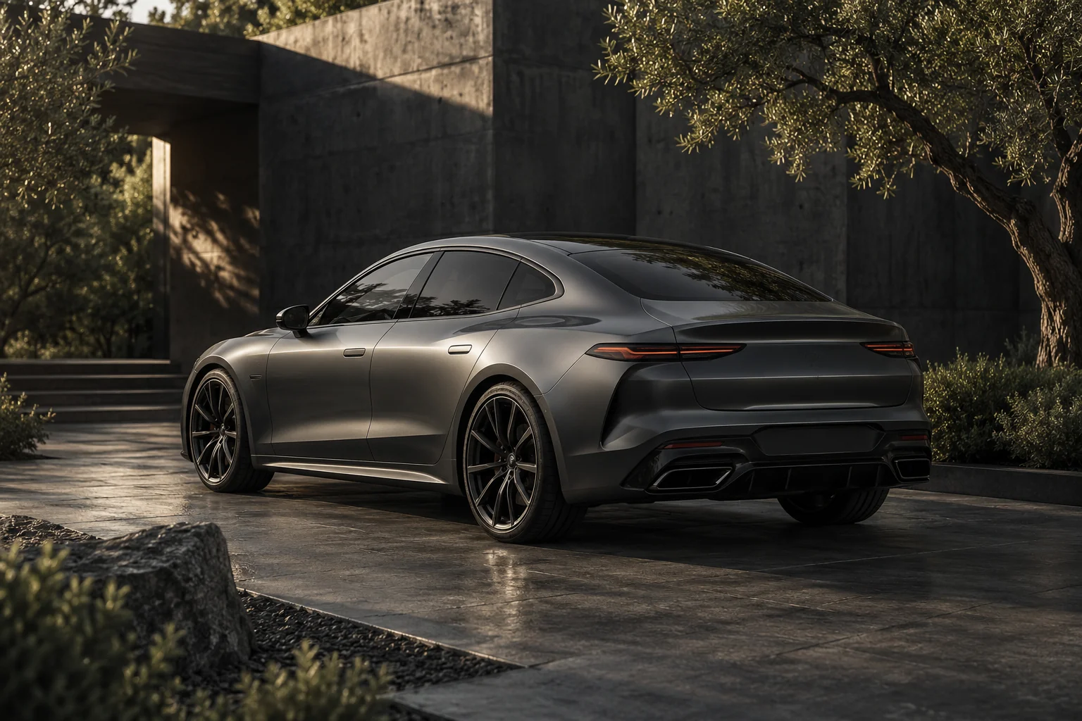 Graphite satin sedan concept in a concrete courtyard