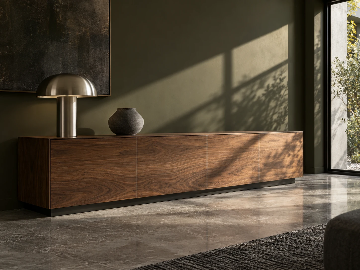 Concept interior with richly textured walnut cabinetry