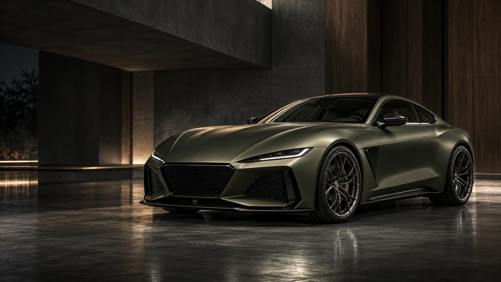 Concept of an olive satin sports coupe in a contemporary walnut-lined interior