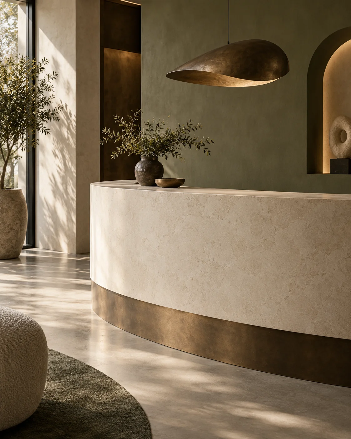 Concept reception counter with ivory stone-look finish and bronze trim